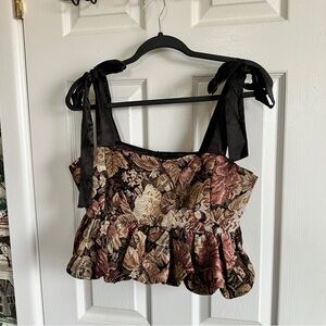 Floral Brocade Tie-Shoulder Peplum Crop Top - Black/Multi